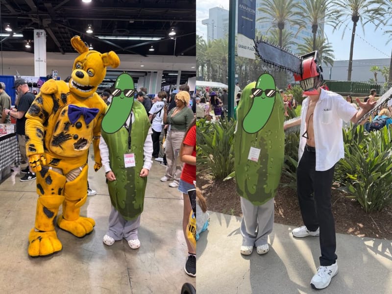 Person in a pickle costume with sunglasses posing with cosplayers at Anaheim convention, split photo showing indoor and outdoor shots